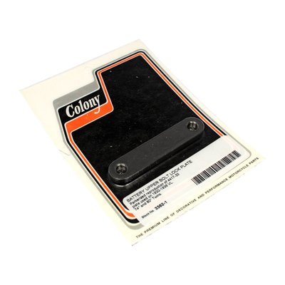 Black parkerized. Battery bolt lock plate without hardware. OEM style reproduction of 66302-29, 4417-29.