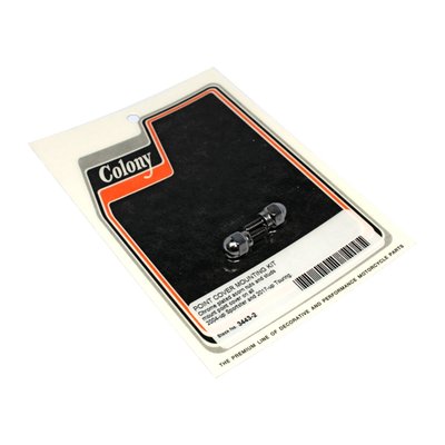 Chrome plated acorn nuts, black studs. 2-pack, used to install the point/timing cover. 
OEM replacement reference 68120-00