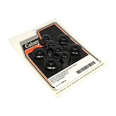 Black oxide finish. Buttonhead. OEM styling except the nuts which are Cap style, simular to stock but it is an all steel construction, and do not have the red plastic inserts. Complete set to fit left and right side of rocker boxes.