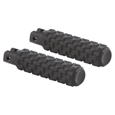 Black anodized end cap. These foot pegs come with a special aggressive design grip-surface that looks bold and ready to do serious business. The looks don't deceive. The pegs give exceptional grip and the forged steel reinforcements give it maximum strength. The addition of 1" foot peg width provides more foot space. Includes a CNC machined billet end cap with engraved Arlen Ness logo.