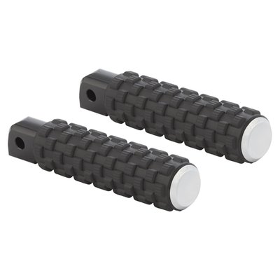 Chrome end cap. These foot pegs come with a special aggressive design grip-surface that looks bold and ready to do serious business. The looks don't deceive. The pegs give exceptional grip and the forged steel reinforcements give it maximum strength. The addition of 1" foot peg width provides more foot space. Includes a CNC machined billet end cap with engraved Arlen Ness logo.