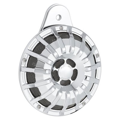 Chrome plated finish. CNC machined from forged billet 6061-T6 aluminum. Direct replacement for the OEM horn. With 110 dB output, which is louder than stock. Stainless steel mesh insert matches Arlen Ness Inverted series filters wrapped in stainless steel mesh. Diameter 150mm.. 

Note: Arlen Ness horns can be style matched to other Arlen Ness components like air cleaners, foot pegs, grips, gas caps, head lamps, etc.