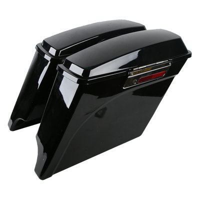 Gloss black. Heavy duty ABS plastic construction. Complete with lids and locks. With a 5" down stretch with a left & right exhaust cut-out. Installs to the stock mounting points.
Approx. dimensions: 46 to 40cm high x 22cm deep x 60cm long.
Note: Fitment checks are advised before painting and final assembly.