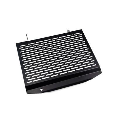 This radiator cover protects the expensive and sensitive radiator from road rocks. It has been made from black powdercoated stainless steel. Easy installation as mounted to the OEM mouting holes.