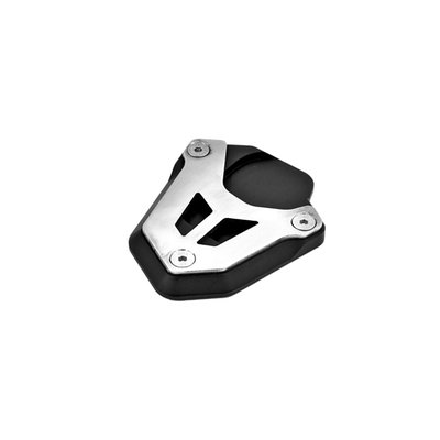 The sidestand foot increases and improves the supporting surface and the stability on unpaved and soft ground. CNC milled from high strength aluminum and black anodized. The clamping plate and inluded screws are made from stainless steel.