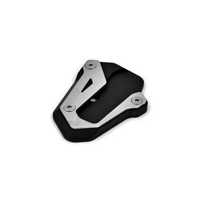The sidestand foot increases and improves the supporting surface and the stability on unpaved and soft ground. CNC milled from high strength aluminum and black anodized. The clamping plate and inluded screws are made from stainless steel. 