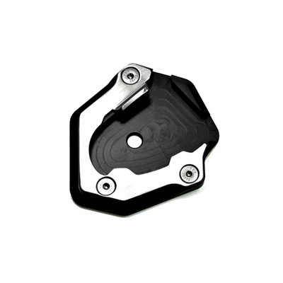 The sidestand foot increases and improves the supporting surface and the stability on unpaved and soft ground. CNC milled from high strength aluminum and black anodized. The clamping plate and inluded screws are made from stainless steel. 