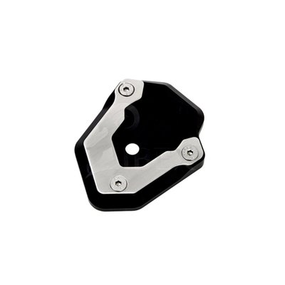 The sidestand foot increases and improves the supporting surface and the stability on unpaved and soft ground. CNC milled from high strength aluminum and black anodized. The clamping plate and inluded screws are made from stainless steel. 