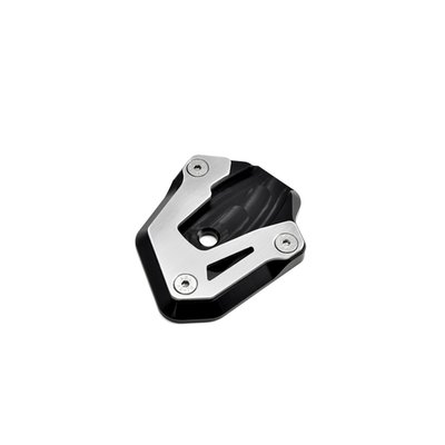 The sidestand foot increases and improves the supporting surface and the stability on unpaved and soft ground. CNC milled from high strength aluminum and black anodized. The clamping plate and inluded screws are made from stainless steel. 