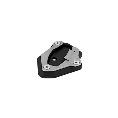 The sidestand foot increases and improves the supporting surface and the stability on unpaved and soft ground. CNC milled from high strength aluminum and black anodized. The clamping plate and inluded screws are made from stainless steel. 
