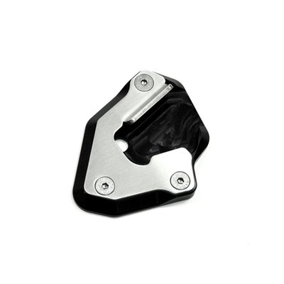 The sidestand foot increases and improves the supporting surface and the stability on unpaved and soft ground. CNC milled from high strength aluminum and black anodized. The clamping plate and inluded screws are made from stainless steel. 