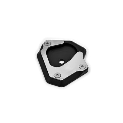 The sidestand foot increases and improves the supporting surface and the stability on unpaved and soft ground. CNC milled from high strength aluminum and black anodized. The clamping plate and inluded screws are made from stainless steel. 