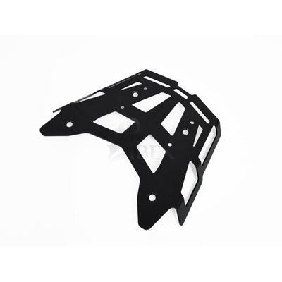 This black powdercoated luggage rack is made from 4mm thick and laser cut aluminum. It can be mounted to the original support plate to enlarge the rack's surface area. The slots for the fastening straps secure the luggage directly on the luggage rack. 