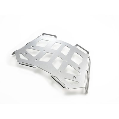 This silver powdercoated luggage rack is made from 4mm thick and laser cut aluminum. It can be mounted to the original support plate to enlarge the rack's surface area. The slots for the fastening straps secure the luggage directly on the luggage rack. 