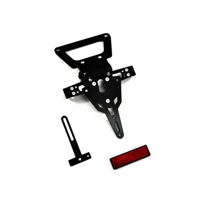 Black powder coated license plate bracket that allows installation without making changes to the fairing parts. Use with 175mm wide license plate (Germany, France, Italy). Including LED license plate light (ECE approved)