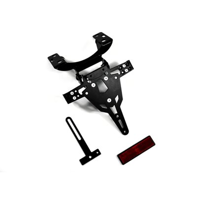 Black powder coated license plate bracket that allows installation without making changes to the fairing parts. Use with 175mm wide license plate (Germany, France, Italy). Including LED license plate light (ECE approved)