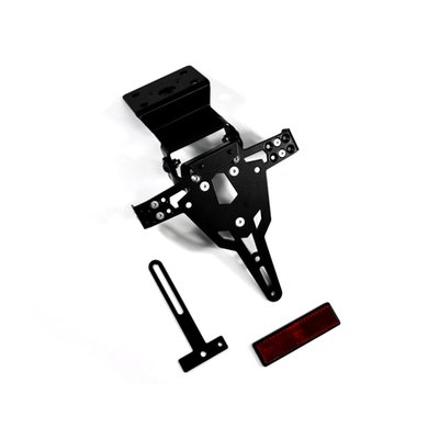 Black powder coated license plate bracket that allows installation without making changes to the fairing parts. Use with 175mm wide license plate (Germany, France, Italy). Including LED license plate light (ECE approved)