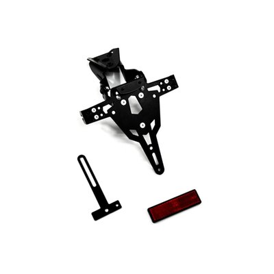 Black powder coated license plate bracket that allows installation without making changes to the fairing parts. Use with 175mm wide license plate (Germany, France, Italy). Including LED license plate light (ECE approved)
