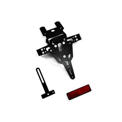 Black powder coated license plate bracket that allows installation without making changes to the fairing parts. Use with 175mm wide license plate (Germany, France, Italy). Including LED license plate light (ECE approved)