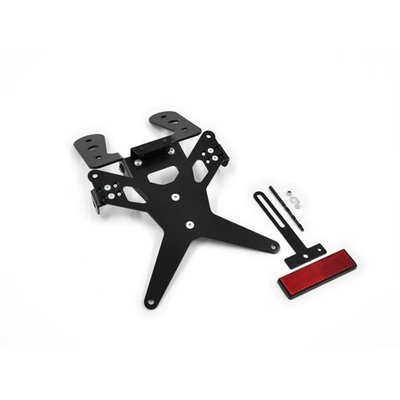 Black powder coated license plate bracket that allows installation without making changes to the fairing parts. Use with 175mm wide license plate (Germany, France, Italy). Including LED license plate light (ECE approved)
