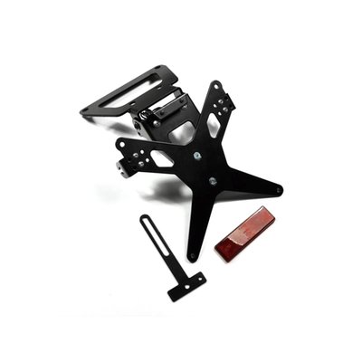Black powder coated license plate bracket that allows installation without making changes to the fairing parts. Use with 175mm wide license plate (Germany, France, Italy). Including LED license plate light (ECE approved)