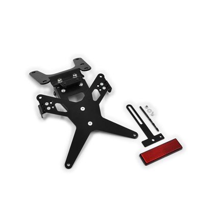 Black powder coated license plate bracket that allows installation without making changes to the fairing parts. Use with 175mm wide license plate (Germany, France, Italy). Including LED license plate light (ECE approved)