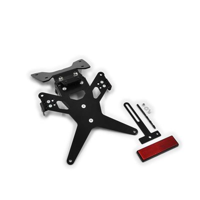 Black powder coated license plate bracket that allows installation without making changes to the fairing parts. Use with 175mm wide license plate (Germany, France, Italy). Including LED license plate light (ECE approved)