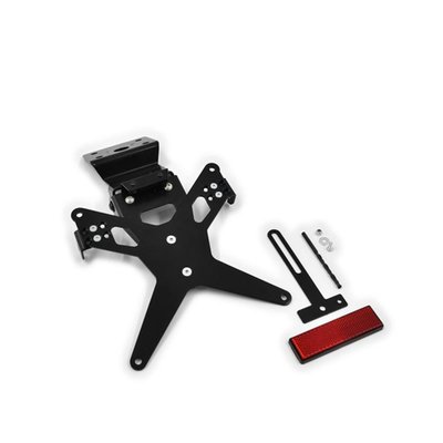Black powder coated license plate bracket that allows installation without making changes to the fairing parts. Use with 175mm wide license plate (Germany, France, Italy). Including LED license plate light (ECE approved)