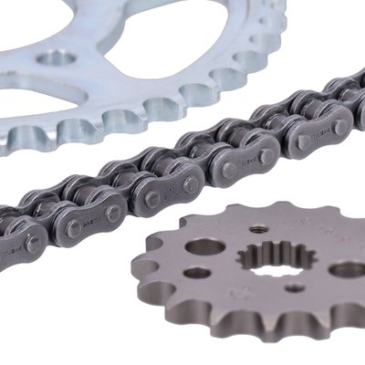 High quality chain & sprocket kit featuring Tsubaki's 520 Alpha X-ring chain combined with a JT front steel sprocket and a JT rear steel sprocket.
