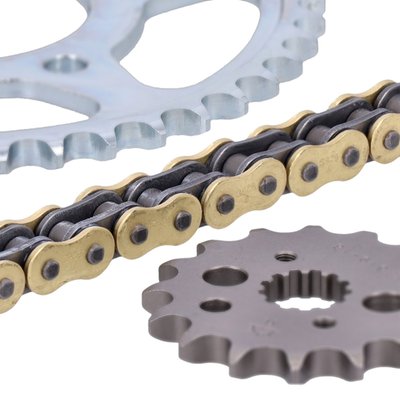High quality chain & sprocket kit featuring Tsubaki's 525 Sigma gold X-ring chain combined with a JT front steel sprocket and a JT rear steel sprocket.
Note: Kit needs sprocket carrier 934958