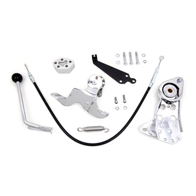 Chrome plated. Hard core shifting with your left hand, clutch is controlled with the left foot. Fits models without floorboards. This kit is not equipped with a suicide clutch pedal but comes with a complete rocker clutch pedal set-up for toe-heel clutch control, which is equipped with a friction disc. This gives you the identical and safe controllable clutch operation as used on the early H-D models with a fuel tank shifter. Includes cable, handle, rocker clutch kit, spacer, bracket and hardware.