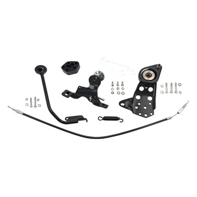 Black. Hard core shifting with your left hand, clutch is controlled with the left foot. Fits models without floorboards. This kit is not equipped with a suicide clutch pedal but comes with a complete rocker clutch pedal set-up for toe-heel clutch control, which is equipped with a friction disc. This gives you the identical and safe controllable clutch operation as used on the early H-D models with a fuel tank shifter. Includes cable, handle, rocker clutch kit, spacer, bracket and hardware.