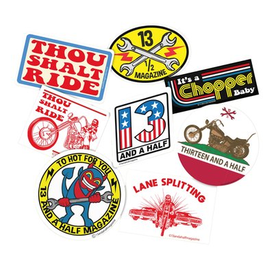 A cool 8 pack of 13 1/2 company stickers with included Logo stickers and some cool prints.