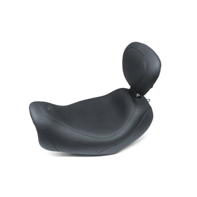 Black. 13" / 33cm wide. Standard style stitch. This seat makes the rider sit a little bit lower, but at a similar reach to the controls compared to stock. Features extra width in the hip area for all-day comfort and a highly durable synthetic glove-leather cover with detailed stitching. built-in receiver that accepts a fully adjustable and easily removable driver backrest for total lumbar support. The matching passenger seat offers comfortable 2-up cruising with its spacious 10.5" width. Detailed stitching in the highly durable synthetic glove-leather cover. 

Note 1: Mustang solo seats & passenger seats cannot be mixed with OEM solo or passenger seats. 
Note 2: See 597847 for optional passenger seat.