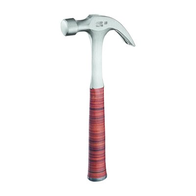 American pattern claw hammer with nail-puller. Manufactured from a special alloyed Picard steel, hardened and tempered for the right characteristics. With a bright steel head, round neck bell pattern head that is coated with a transparent corrosion resistant coating. The handle is solid forged steel with a twist-resistant leather grip. Weight 800 gram. Overall length 323mm.