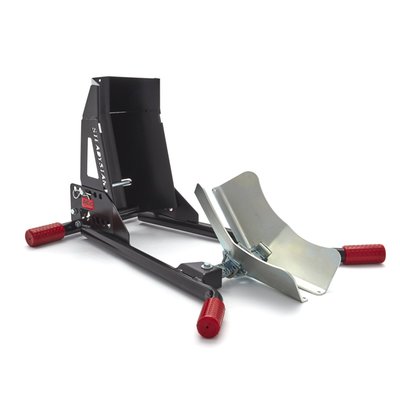 Motorcycle front wheel stand for quick, easy and comfortable 'ride-in' parking. No need for leaning on a side stand, that saves space. Adjustable for 15-21 inch tires that are 90mm to 200mm wide and is adjustable for tire width without tools. A small, lightweight but strong construction with a black powder coated finished steel frame and wheel cups. The rear cup is a clever swivel design, which prevents roll-out. Feet have anti-slip rubber. With carry handle. Dimensions: 70cm long x 61cm wide x 38cm high. Net weight 10kg.