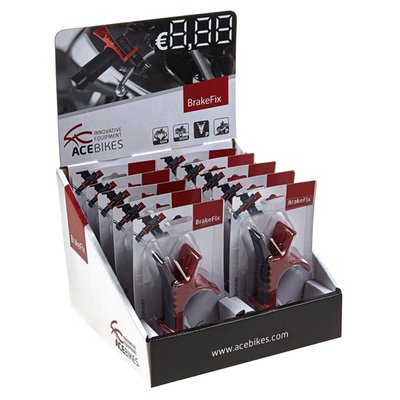 With 10 pieces of BrakeFix, as an attractive counter display. This is a front brake lever clamping device. Effectively allows you to use the front brake as a parking brake. As a help during transport, or parking in mountains. Quickly installs and uninstalls on virtually all brake lever / throttle combinations due to the different position clip-closure adjustability. Dimensions: 10cm long x 8cm wide x 3cm high and net weight 54 grams per BrakeFix.