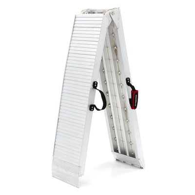 Max load capacity 680kg. Clear anodized aluminum load ramp. Extra wide for easier loading. With carrying handle for easy transport and safety straps to prevent the ramp from sliding. Dimensions: Length 224cm. Folded length 114cm. Width 28.5cm. Weight 12kg.