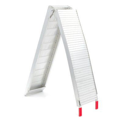 Max load capacity 340kg. Clear anodized aluminum load ramp with a rugged hinge. Includes tension straps to prevent the ramp from sliding. Special plastic protective parts were added to help prevent scratches or damage to the van or pick-up. Dimensions: Unfolded length 220cm. Folded length 114cm. Width 28cm. Net weight 7.3kg.