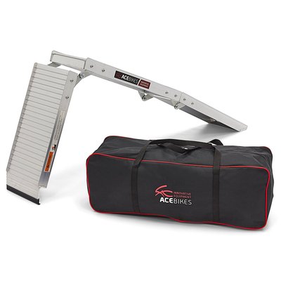 Max load capacity 300kg. Clear anodized aluminum load ramp. Comes with a convenient to store textile bag with carrying handles. Dimensions: Length unfolded 199.2cm. Folded length 72cm. Height 21.5cm. Width 25cm. Net weight 8.6kg.