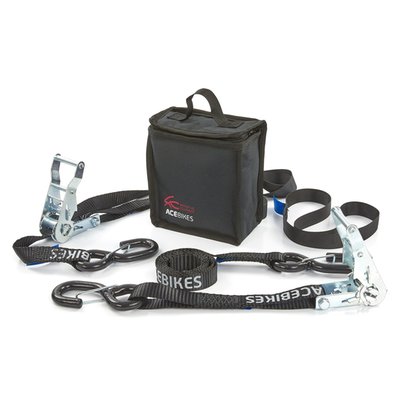 Used to secure motorcycles during transport. Comes with 2 tie-down straps with zinc plated heavy duty ratchets with 25mm wide polyester webbing and two loops to create an attachment point anywhere on the bike. Hooks are plastic coated to help prevent damage and are equipped with locking clips for additional security. Complete with carrying bag. Bag dimensions: 18cm long x 8cm wide x 17cm high. Strap length 180cm, width 25mm. Net weight 1.95kg. Maximum payload ratchets 750daN (764kg-force), maximum payload loops 500daN (509kg-force).