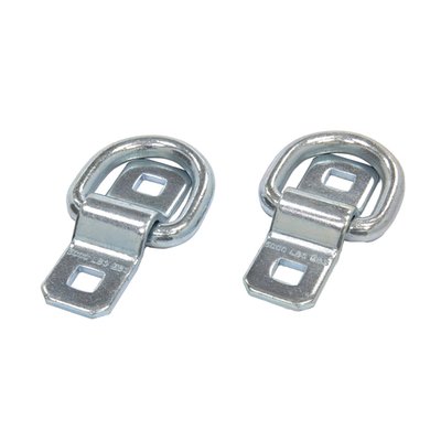 2-pack of zinc plated high strength steel D-rings. Used as an universal attachment point for the hooks of motorcycle tie-downs. Can be folded flat when not in use to just 18mm high. Break strength 2250kg per D-ring assembly. Set includes 4x M10 lock nuts and 4x M10 x 40mm carriage bolts. Net weight 100 grams each. Dimensions: 10cm x 6cm x 1.8cm per D-ring assembly.