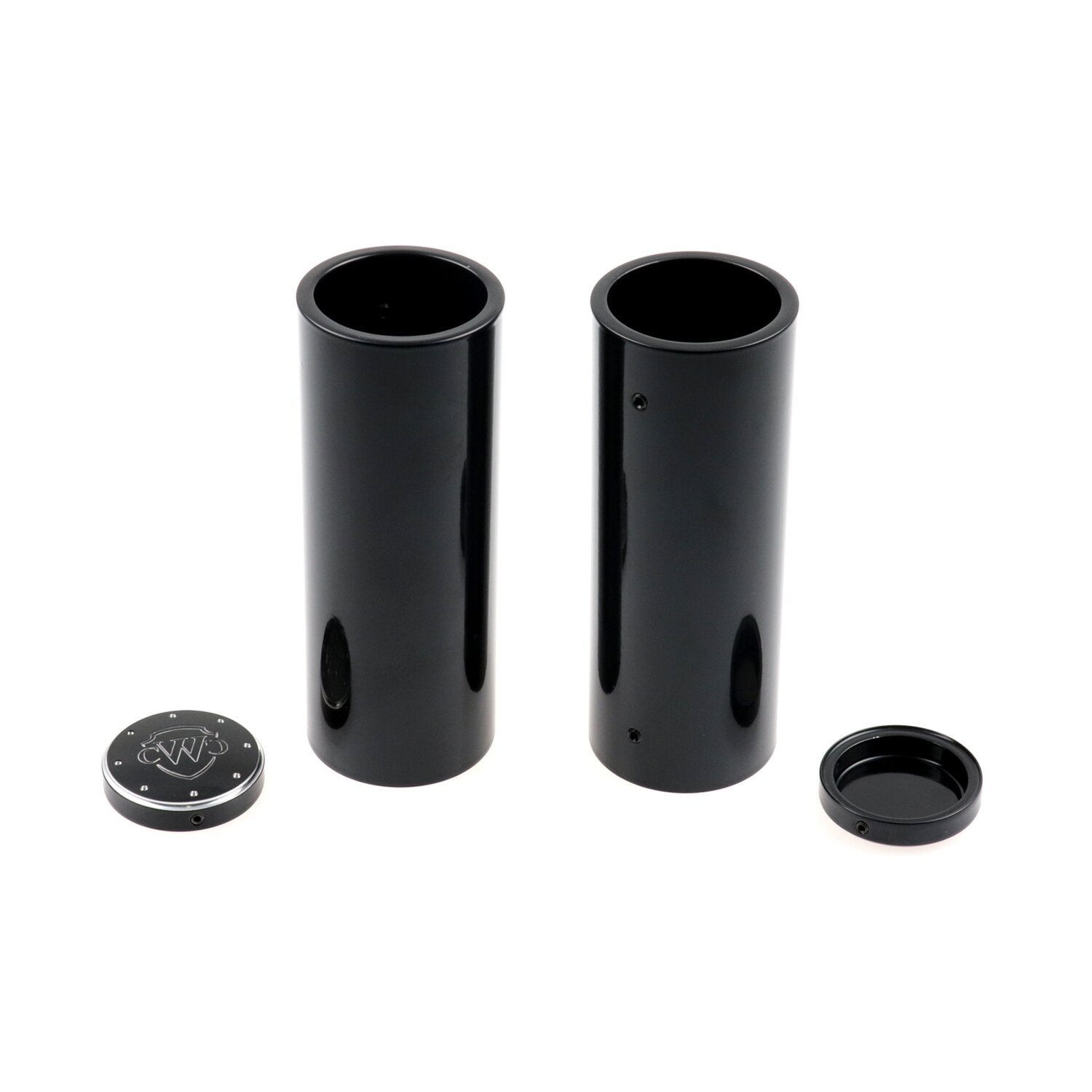 Cult-Werk, 4-piece fork tube cover kit. Gloss black. Logo