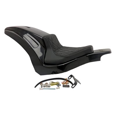 Unpainted gloss black finished ABS. Perfect for installing a wider, up to 280 series, rear tire. Comes with a steel inner fender carrier, a sturdy 5-axis CNC machined ABS outer fender and a genuine leather seat. After the stock fender is removed the Racing steel fender is simply installed on the stock mounting points. Then wiring is installed and ABS outer fender is bolted to the inner fender. Permanent mods are not required. Gloss black powder coated finish. Complete with LED taillight, LED turn signals, seat and hardware. This comes with approval. 
Parts include: 
- ABS plastic rear fender 
- Metal inner fender 
- Wiring harness including lighting for "plug and play" connection 
- Genuine leather seat and pillion pad (depending on selection ) 
- Mounting material 
- 2x spring travel limiters. 
Note: Image shows a 280 series tire on a widened rim.
Note: Check your local MCS dealer or the MCS sales department for exact type of approval and validity on bike model and years on the test report.