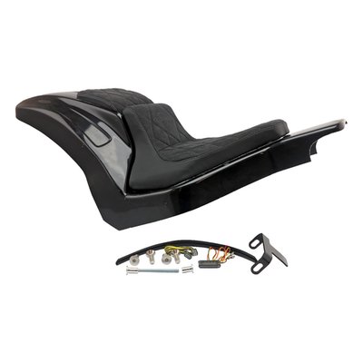 Unpainted gloss black finished ABS. Perfect for installing a wider, up to 280 series, rear tire. Comes with a steel inner fender carrier, a sturdy 5-axis CNC machined ABS outer fender and a genuine leather seat. After the stock fender is removed the Racing steel fender is simply installed on the stock mounting points. Then wiring is installed and ABS outer fender is bolted to the inner fender. Permanent mods are not required. Gloss black powder coated finish. Complete with LED taillight, LED turn signals, seat and hardware. This comes with approval. 
Parts include: 
- ABS plastic rear fender 
- Metal inner fender 
- Wiring harness including lighting for "plug and play" connection 
- Genuine leather seat and pillion pad (depending on selection ) 
- Mounting material 
- 2x spring travel limiters. 
Note: Image shows a 280 series tire on a widened rim.
Note: Check your local MCS dealer or the MCS sales department for exact type of approval and validity on bike model and years on the test report.