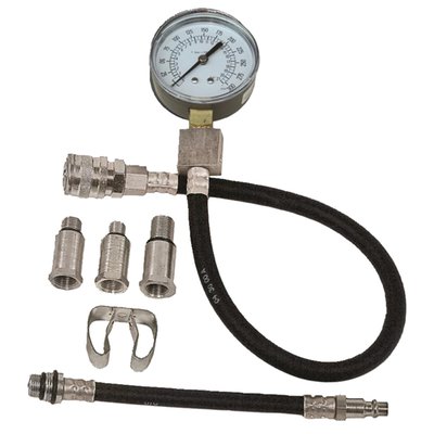 Designed for motorcycle use. Includes a metal clip that can be clipped to the gauge. The gauge can then be clipped to the bike's frame or handlebar leaving pour hands free. Includes adapters for 10mm, 12mm, 14mm and 18mm threaded spark plug holes. The gauge is 2-1/2" (6.4cm) diameter and has a dual scale dial that shows 0-300 psi and 0-21 bar.