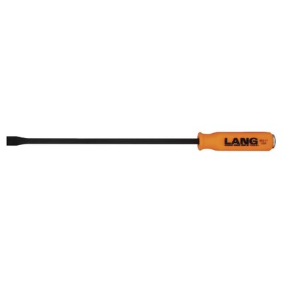 17" (43.2cm) long. Curved pry bars manufactured from a high carbon content steel alloy with an orange nylon grip. The tip is angled for best access and leverage. With steel strike cap that is directly connected to the steel of the bar itself. Exceeds ASME (American Society of Mechanical Engineers) standards.