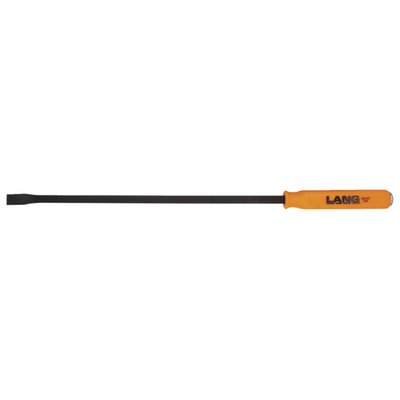 25" (63.5cm) long. Curved pry bars manufactured from a high carbon content steel alloy with an orange nylon grip. The tip is angled for best access and leverage. With steel strike cap that is directly connected to the steel of the bar itself. Exceeds ASME (American Society of Mechanical Engineers) standards.
