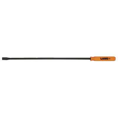 31" (78.7cm) long. Curved pry bars manufactured from a high carbon content steel alloy with an orange nylon grip. The tip is angled for best access and leverage. With steel strike cap that is directly connected to the steel of the bar itself. Exceeds ASME (American Society of Mechanical Engineers) standards.