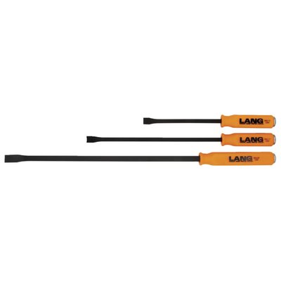 Set with 12" (30.5cm), 17" (43.2cm) and 25" (63.5cm) long bars. Curved pry bars manufactured from a high carbon content steel alloy with an orange nylon grip. The tip is angled for best access and leverage. With steel strike cap that is directly connected to the steel of the bar itself. Exceeds ASME (American Society of Mechanical Engineers) standards.